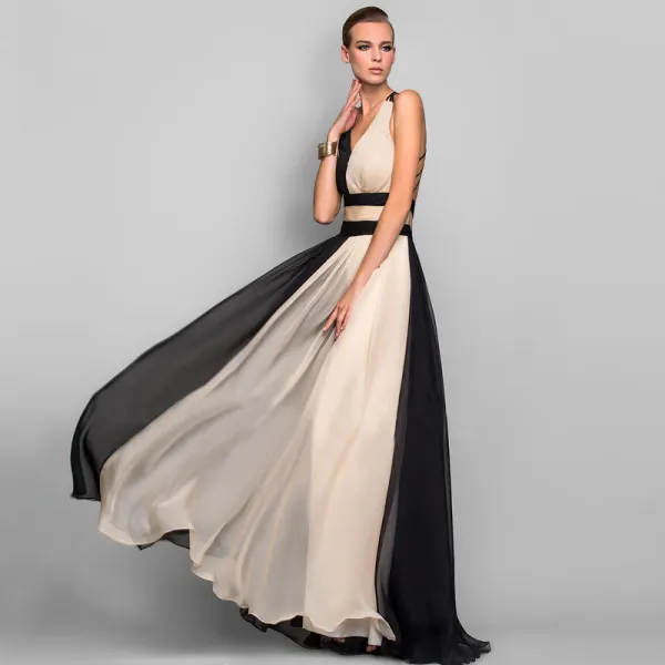 Two Tone Color block Chiffon Maxi Dresses 2018 Empire V Neck Sleeveless Floor Length Long Ruffle Backless Women s Clothing