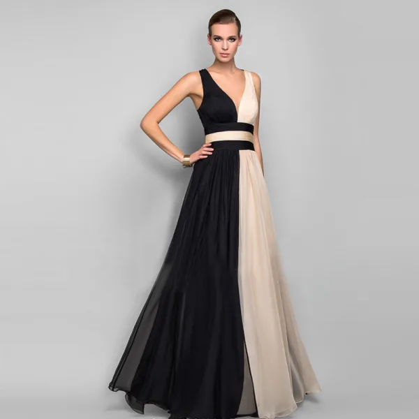 Two Tone Color block Chiffon Maxi Dresses 2018 Empire V-Neck Sleeveless Floor-Length / Long Ruffle Backless Women's Clothing