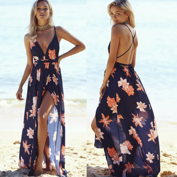 Sexy Summer Beach Navy Blue Maxi Dresses 2018 Empire V-Neck Spaghetti Straps Sleeveless Printing Flower Split Front Floor-Length / Long Backless Womens Clothing
