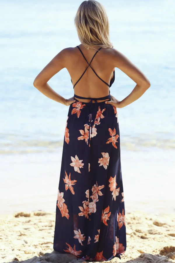 Sexy Summer Beach Navy Blue Maxi Dresses 2018 Empire V-Neck Spaghetti Straps Sleeveless Printing Flower Split Front Floor-Length / Long Backless Womens Clothing