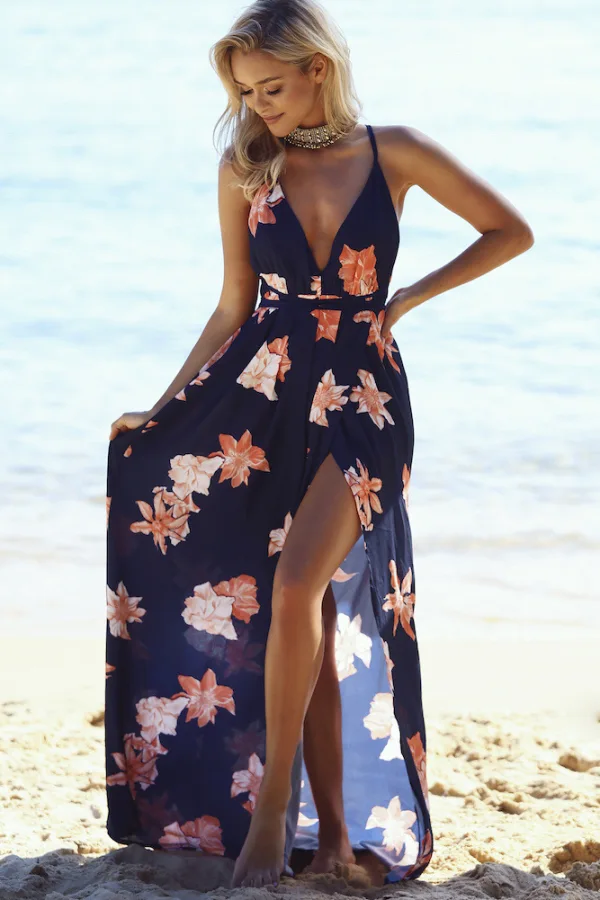 Sexy Summer Beach Navy Blue Maxi Dresses 2018 Empire V-Neck Spaghetti Straps Sleeveless Printing Flower Split Front Floor-Length / Long Backless Womens Clothing