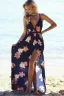 Sexy Summer Beach Navy Blue Maxi Dresses 2018 Empire V-Neck Spaghetti Straps Sleeveless Printing Flower Split Front Floor-Length / Long Backless Womens Clothing