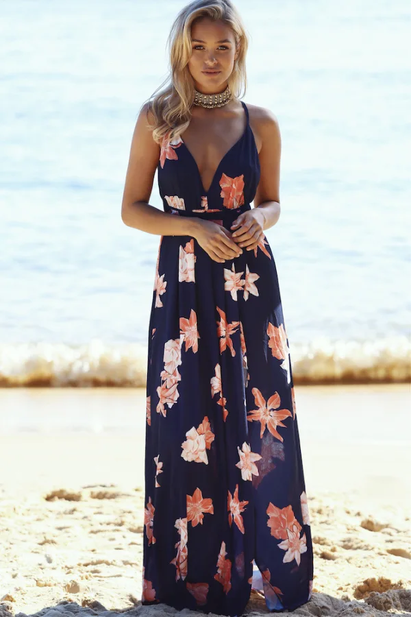 Sexy Summer Beach Navy Blue Maxi Dresses 2018 Empire V-Neck Spaghetti Straps Sleeveless Printing Flower Split Front Floor-Length / Long Backless Womens Clothing