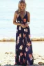 Sexy Summer Beach Navy Blue Maxi Dresses 2018 Empire V-Neck Spaghetti Straps Sleeveless Printing Flower Split Front Floor-Length / Long Backless Womens Clothing