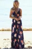 Sexy Sommer Strand Marineblau Maxikleider 2018 Empire V-Ausschnitt Spaghettiträger Ärmellos Drucken Blumen Gespaltete Front Lange Rückenfreies Damenbekleidung