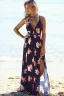 Sexy Summer Beach Navy Blue Maxi Dresses 2018 Empire V-Neck Spaghetti Straps Sleeveless Printing Flower Split Front Floor-Length / Long Backless Womens Clothing