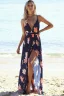 Sexy Summer Beach Navy Blue Maxi Dresses 2018 Empire V-Neck Spaghetti Straps Sleeveless Printing Flower Split Front Floor-Length / Long Backless Womens Clothing