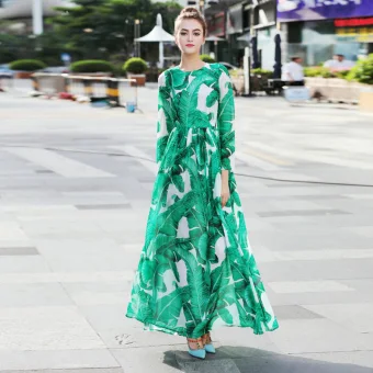 Chic Beautiful Green Chiffon Maxi Dresses 2018 Street Wear Scoop Neck Long Sleeve Printing Flower Ankle Length Ruffle Womens Clothing