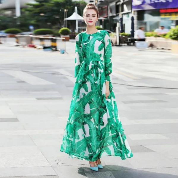 Chic / Beautiful Green Chiffon Maxi Dresses 2018 Street Wear Scoop Neck Long Sleeve Printing Flower Ankle Length Ruffle Womens Clothing