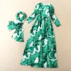 Chic / Beautiful Green Chiffon Maxi Dresses 2018 Street Wear Scoop Neck Long Sleeve Printing Flower Ankle Length Ruffle Womens Clothing