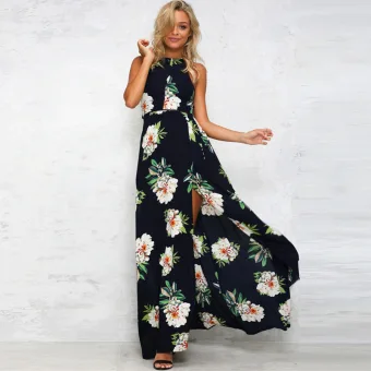 Modern Fashion Navy Blue Summer Maxi Dresses 2018 Empire Halter Sleeveless Printing Flower Split Front Ankle Length Ruffle Backless Women 039 S Clothing