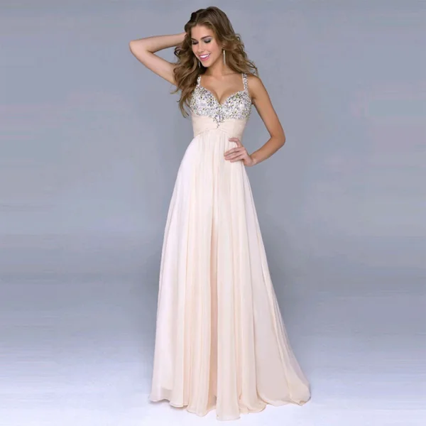 Elegant Perle Rosa Chiffon Maxikjoler 2018 Empire Skuldre Uten Ermer Paljetter Lange Buste Ryggløse Dameklær