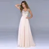Elegant Pearl Pink Chiffon Maxi Dresses 2018 Empire Shoulders Sleeveless Sequins Floor-Length / Long Ruffle Backless Womens Clothing