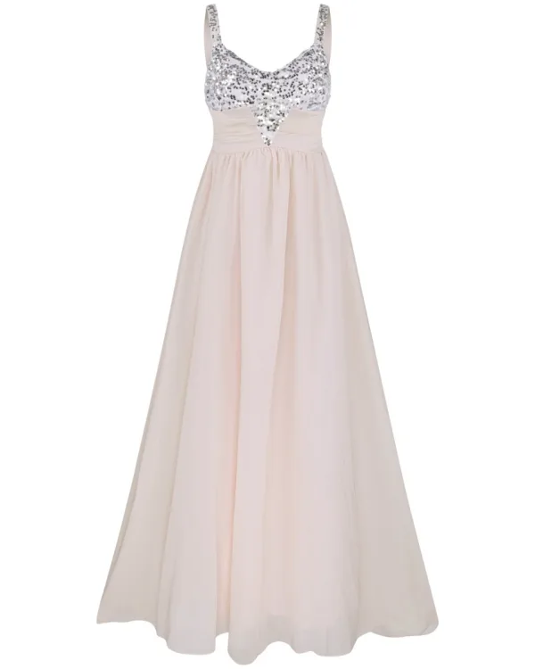 Elegant Perle Rosa Chiffon Maxikjoler 2018 Empire Skuldre Uten Ermer Paljetter Lange Buste Ryggløse Dameklær
