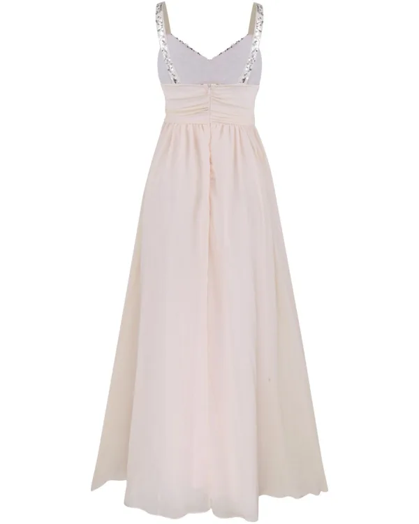 Elegant Perle Rosa Chiffon Maxikjoler 2018 Empire Skuldre Uten Ermer Paljetter Lange Buste Ryggløse Dameklær