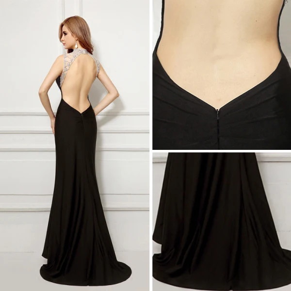 Sexy Schwarz Abendkleider 2017 Mermaid Stehkragen Bandeau Ärmellos Strass Gespaltete Front Hof-Schleppe Rückenfreies Durchbohrt Festliche Kleider