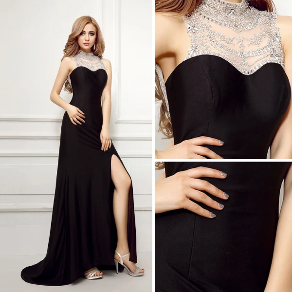 Sexy Schwarz Abendkleider 2017 Mermaid Stehkragen Bandeau Ärmellos Strass Gespaltete Front Hof-Schleppe Rückenfreies Durchbohrt Festliche Kleider