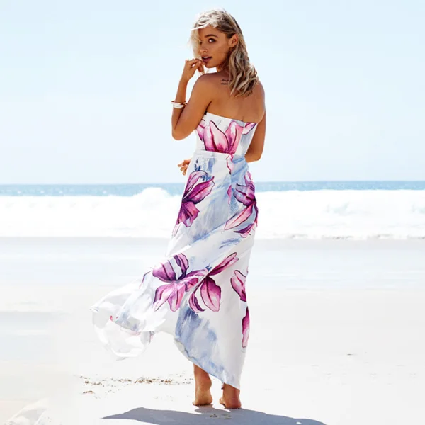 Summer Beach Lavender Maxi Dresses 2018 Strapless Sleeveless Printing  Flower Split Front Ankle Length Backless Womens Clothing