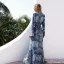 Bohemia Navy Blue Summer Maxi Dresses 2018 V-Neck Long Sleeve Printing Flower Split Front Floor-Length / Long Women's Clothing