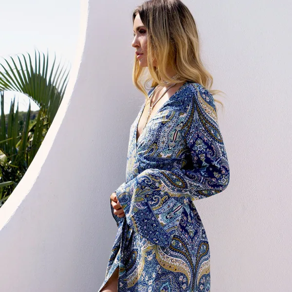 Bohemia Navy Blue Summer Maxi Dresses 2018 V-Neck Long Sleeve Printing Flower Split Front Floor-Length / Long Women's Clothing Bohemia Navy Blue Summer Maxi Dresses 2018 V-Neck Long Sleeve Printing Flower Split Front Floor-Length / Long Women's Clothing