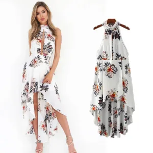 High Low Summer Beach White Chiffon Maxi Dresses 2018 Halter Sleeveless Printing Flower Asymmetrical Backless Womens Clothing