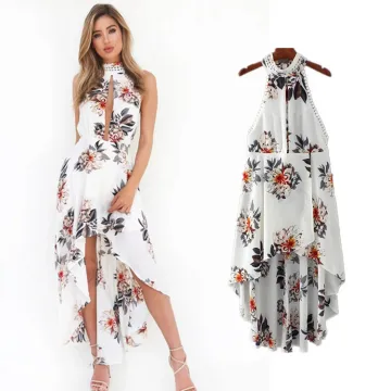 Høy Lav Sommer Strand Hvit Chiffon Maxikjoler 2018 Holder Uten Ermer Printing Blomst Asymmetrisk Ryggløse Dameklær