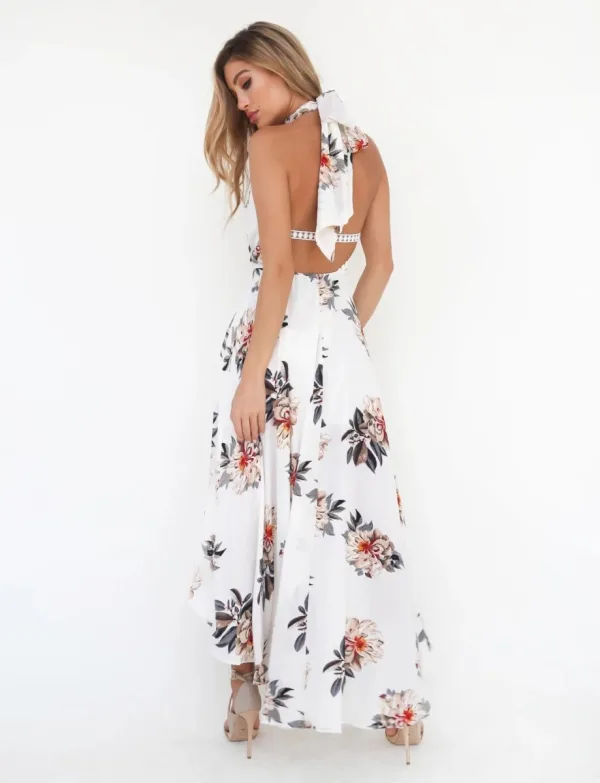 Høy Lav Sommer Strand Hvit Chiffon Maxikjoler 2018 Holder Uten Ermer Printing Blomst Asymmetrisk Ryggløse Dameklær