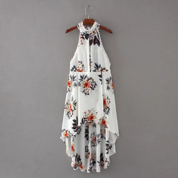 Høy Lav Sommer Strand Hvit Chiffon Maxikjoler 2018 Holder Uten Ermer Printing Blomst Asymmetrisk Ryggløse Dameklær