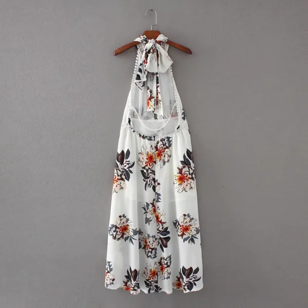 Høy Lav Sommer Strand Hvit Chiffon Maxikjoler 2018 Holder Uten Ermer Printing Blomst Asymmetrisk Ryggløse Dameklær