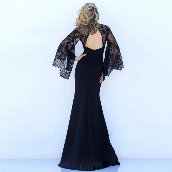 Sexy Noire Transparentes Robes longues 2018 Trompette / Sirène V-Cou Manches Longues Appliques En Dentelle Train De Balayage Dos Nu Vêtements Femme