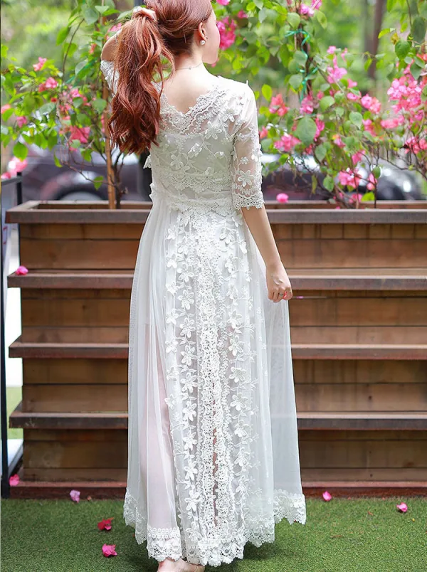Chic / Beautiful Summer White Maxi Dresses 2018 V-Neck 1/2 Sleeves Appliques Lace Ankle Length Ruffle Womens Clothing