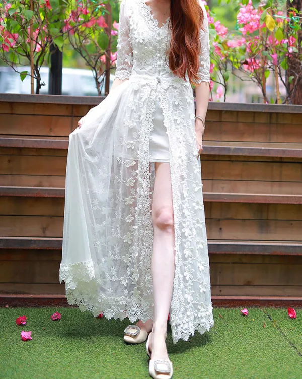 Chic / Beautiful Summer White Maxi Dresses 2018 V-Neck 1/2 Sleeves Appliques Lace Ankle Length Ruffle Womens Clothing