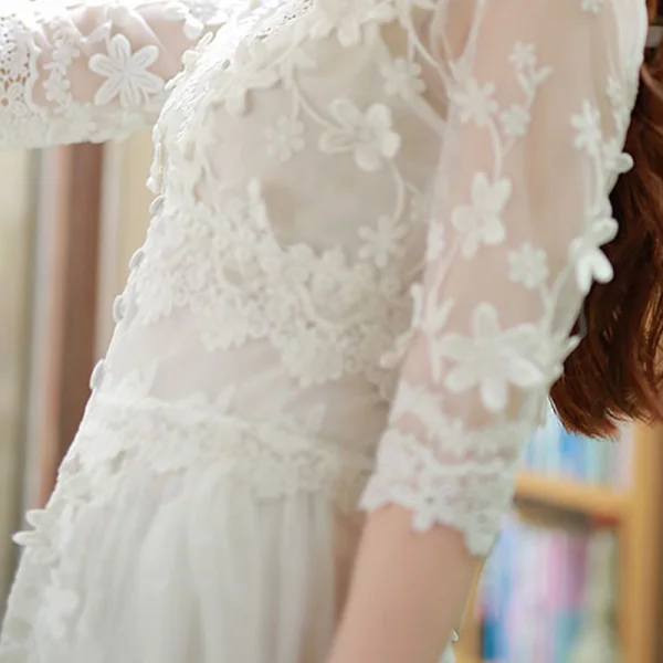 Chic / Beautiful Summer White Maxi Dresses 2018 V-Neck 1/2 Sleeves Appliques Lace Ankle Length Ruffle Womens Clothing