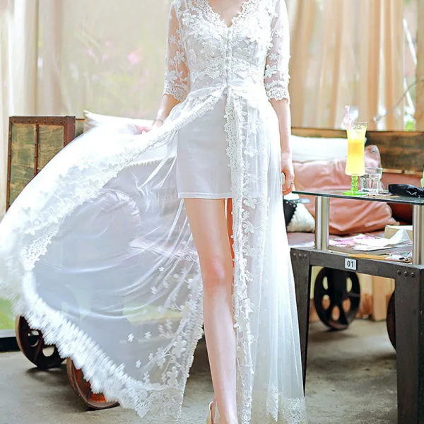 Chic / Beautiful Summer White Maxi Dresses 2018 V-Neck 1/2 Sleeves Appliques Lace Ankle Length Ruffle Womens Clothing