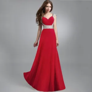Elegant Rød Chiffon Maxikjoler 2018 Empire Skuldre Uten Ermer Paljetter Lange Buste Ryggløse Dameklær