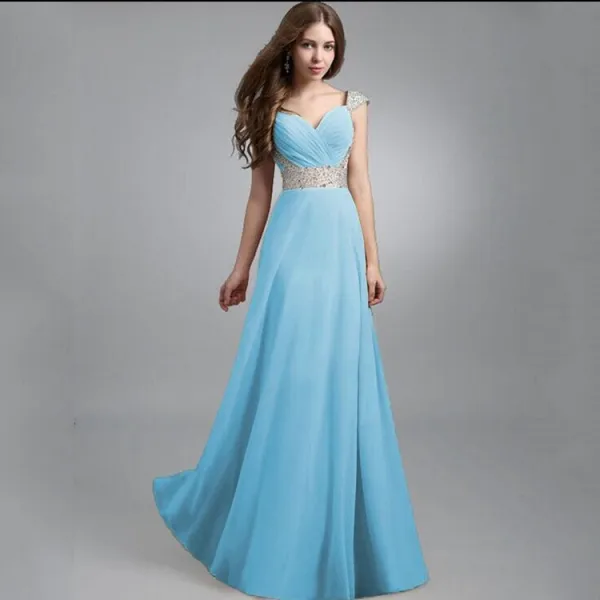 Elegant Rød Chiffon Maxikjoler 2018 Empire Skuldre Uten Ermer Paljetter Lange Buste Ryggløse Dameklær