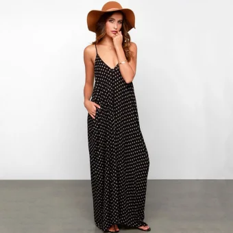 Chic Beautiful Summer Black Maxi Dresses 2018 V Neck Spaghetti Straps Sleeveless Spotted Ankle Length Backless Womens Clothing
