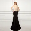 Sexy Black Evening Dresses  2017 Trumpet / Mermaid Scoop Neck Sleeveless Appliques Lace Pearl Court Train Backless Pierced Formal Dresses