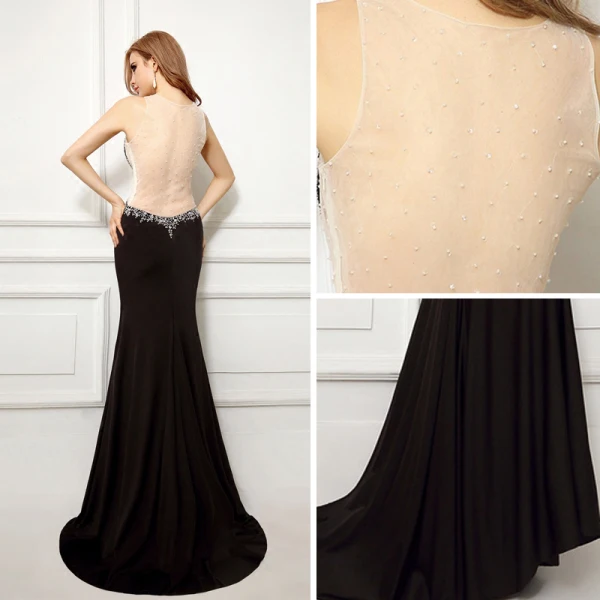 Sexy Black Evening Dresses 2017 Trumpet / Mermaid Scoop Neck Sleeveless Appliques Lace Pearl Court Train Backless Pierced Formal Dresses