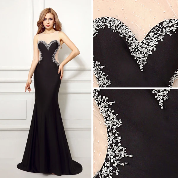 Sexy Black Evening Dresses 2017 Trumpet / Mermaid Scoop Neck Sleeveless Appliques Lace Pearl Court Train Backless Pierced Formal Dresses