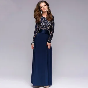Elegant Mørk Marineblå Chiffon Maxikjoler 2018 Scoop Halsen Langermede Sash Lange Buste Dameklær