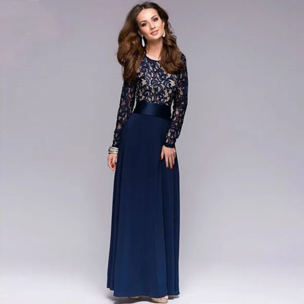 Elegant Navy Blue Chiffon Maxi Dresses 2018 Scoop Neck Long Sleeve Sash Floor-Length / Long Ruffle Womens Clothing