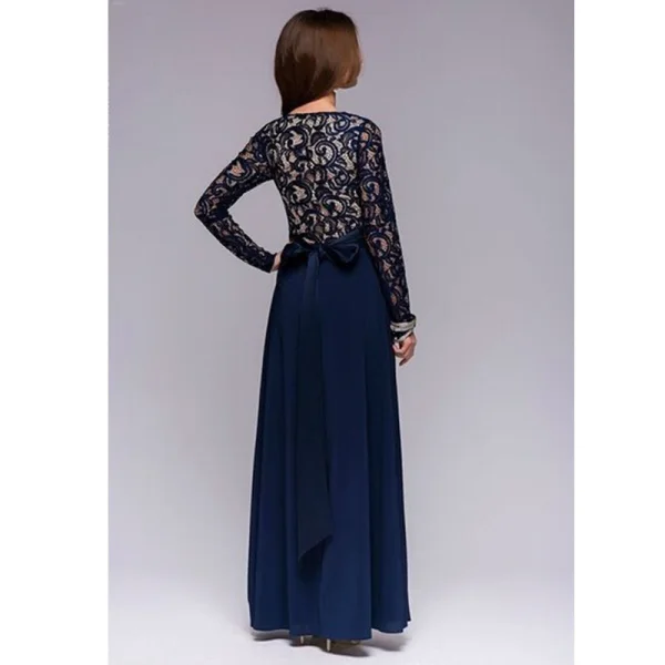 Elegant Navy Blue Chiffon Maxi Dresses 2018 Scoop Neck Long Sleeve Sash Floor-Length / Long Ruffle Womens Clothing