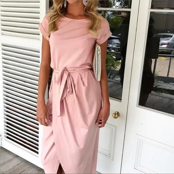 Simple Bleu Ciel Été Robes longues 2018 Encolure Dégagée Manches Courtes Lacer Longueur Cheville Volants Vêtements Femme