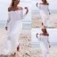 Fine Sommer Strand Hvit Chiffon Maxikjoler 2018 Kappe / Fit Av Skulderen Langermede Ankel-lengde Buste Ryggløse Dameklær