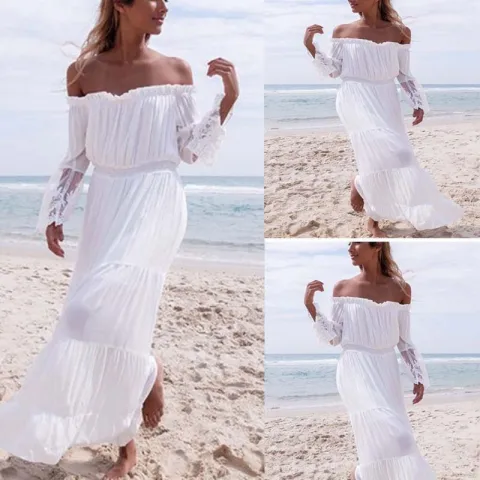 Schöne Sommer Strand Weiß Chiffon Maxikleider 2018 Etui Off Shoulder Lange Ärmel Knöchellänge Rüschen Rückenfreies Damenbekleidung