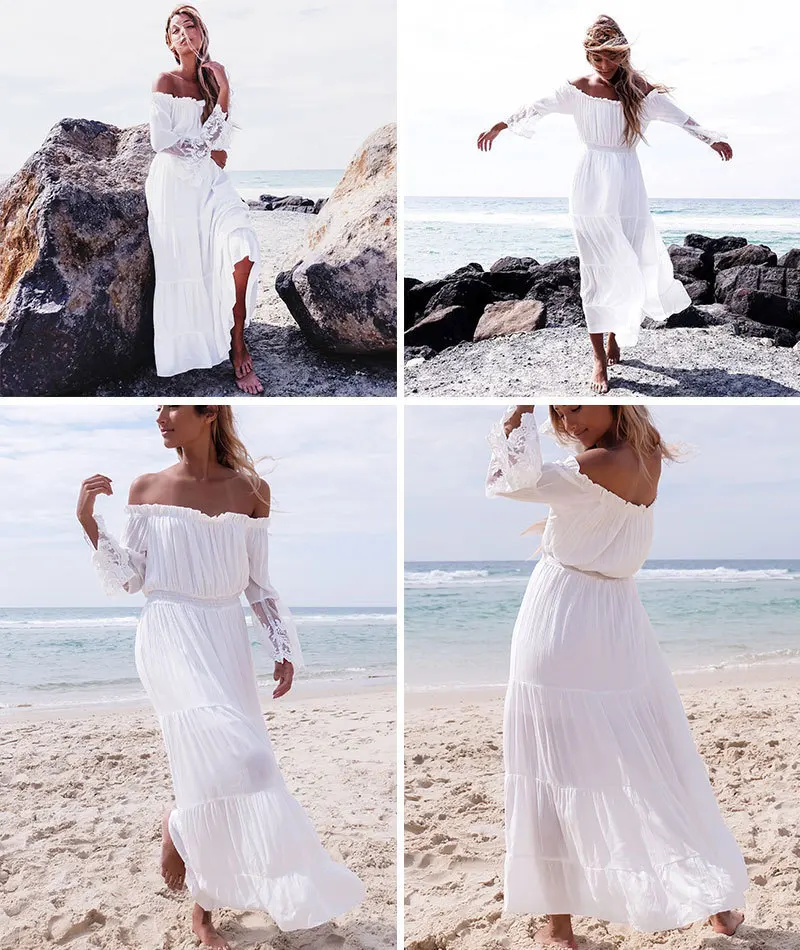 Chic Beautiful Summer Beach White Chiffon Maxi Dresses 2018 Sheath Fit Off  The Shoulder Long Sleeve Ankle Length Ruffle Backless Womens Clothing