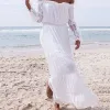 Chic / Beautiful Summer Beach White Chiffon Maxi Dresses 2018 Sheath / Fit Off-The-Shoulder Long Sleeve Ankle Length Ruffle Backless Womens Clothing