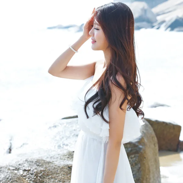 Chic / Beautiful Summer Beach White Chiffon Maxi Dresses 2018 A-Line / Princess Off-The-Shoulder Short Sleeve Tea-length Backless Womens Clothing