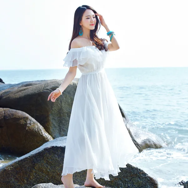 Chic / Beautiful Summer Beach White Chiffon Maxi Dresses 2018 A-Line / Princess Off-The-Shoulder Short Sleeve Tea-length Backless Womens Clothing Chic / Beautiful Summer Beach White Chiffon Maxi Dresses 2018 A-Line / Princess Off-The-Shoulder Short Sleeve Tea-length Backless Womens Clothing